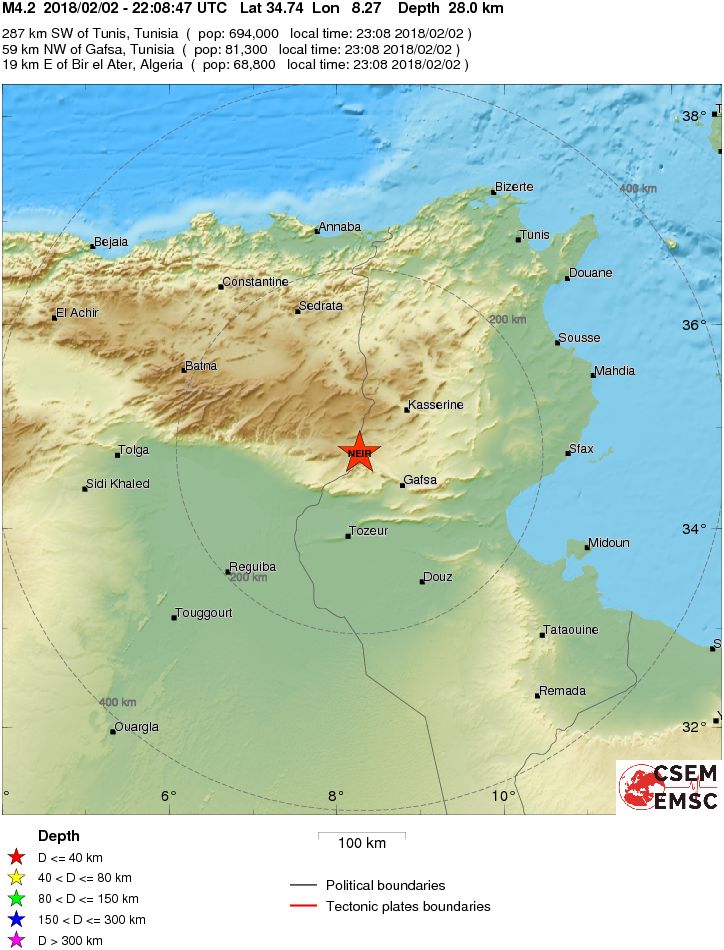Erdbeben bei Moulares, Gafsa am 2. Februar 2018