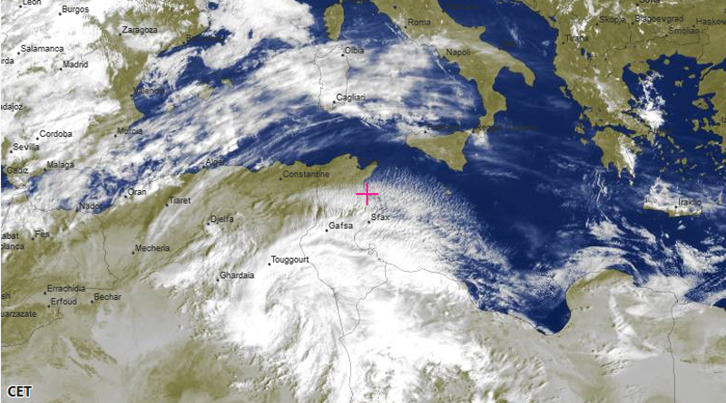 Bewölkungssituation über und um Tunesien am 13. Februar 2020 um 10 Uhr Ortszeit - Bild: meteoblue.com