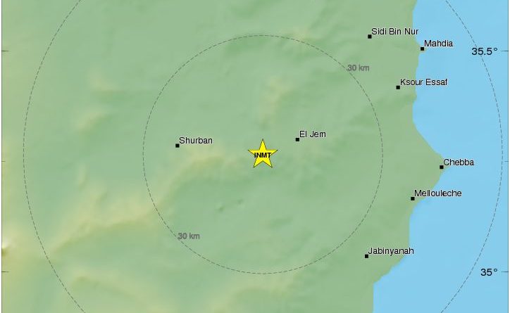 Leichtes Erdbeben bei El Jem im Gouvernorat Mahdia (M3,2)