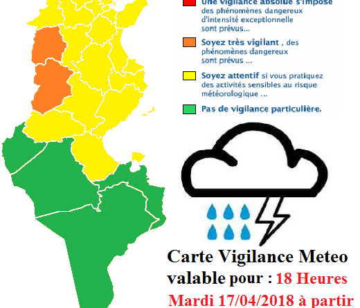 Wetterwarnung für den Norden, die Mitte und den Südosten Tunesiens ab Di., 17.04.2018, 6 Uhr