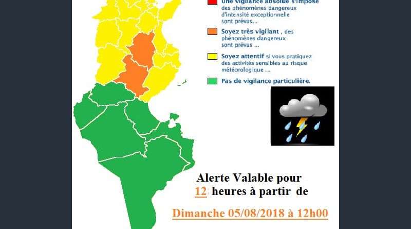 Warnung vor Gewittern und Starkregen in der Nordhälfte Tunesiens ab So., 05. Aug 2018, 12 Uhr