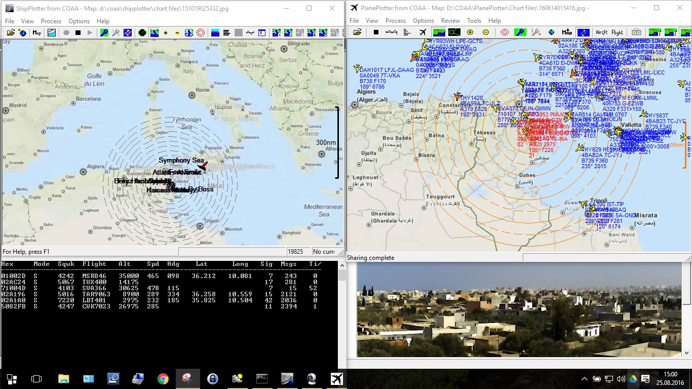 Bildschirm Wetterrechner: Links oben Shipplotter; rechts oben Planeplotter; links unten ADS-B Software; rechts unten Wettercam