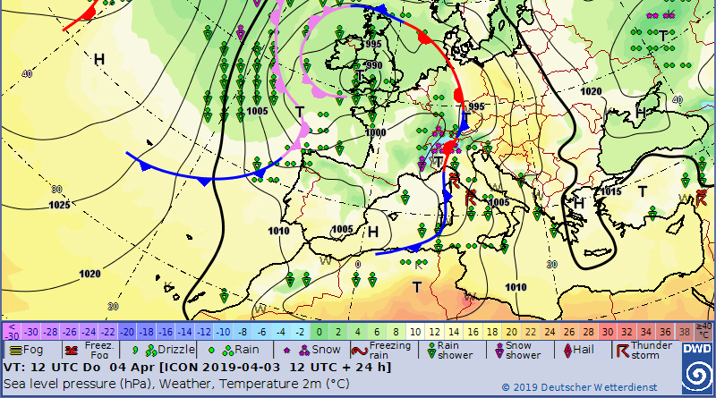 Isobarenkarte für Donnerstag, den 4. April 2019 - Quelle: Deutscher Wetterdienst (DWD)