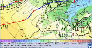 Bild: Deutscher Wetterdienst (DWD) - Montag, 30.12.2019, 13.00 Uhr Orstzeit (12.00 Uhr UTC)