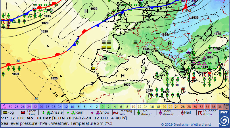 Bild: Deutscher Wetterdienst (DWD) - Montag, 30.12.2019, 13.00 Uhr Orstzeit (12.00 Uhr UTC)