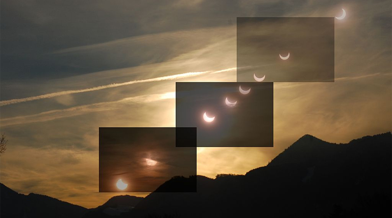 Fotomontage des Verlaufs einer partiellen Sonnenfinsternis zwischen Anfang etwa bei Sonnenaufgang und etwa der Finsternismitte - Bild: Von Sgbeer - Eigenes Werk, CC BY-SA 3.0, https://commons.wikimedia.org/w/index.php?curid=12572353