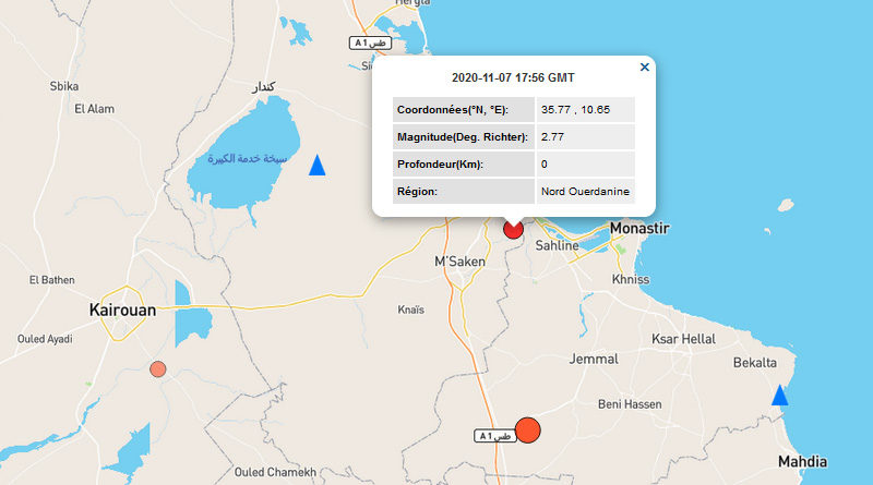 7 Nov 2020: Leichtes Erdbeben im Gouvernorat Monastir [M2.77]