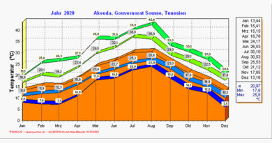 Wetterstatistik 2020 der Wetterstation Akouda bei Sousse in Tunesien