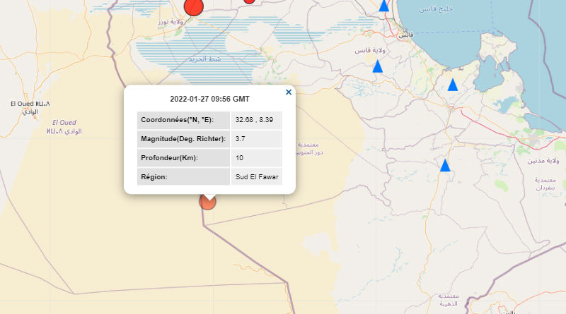27 Jan 2022: Erdbeben im Gouvernorat Kébili [M3.70]