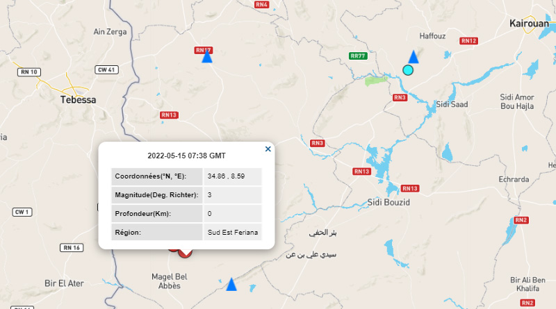 15 Mai 2022: Zwei Erdbeben im Gouvernorat Kasserine [M3.0]