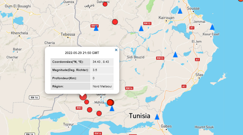 29 Mai 2022: Erdbeben bei Métlaoui, Gouvernorat Gafsa [M3.5]