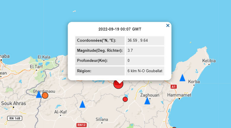19 Sep 2022: Erdbeben nahe Medjez El Bab im Gouvernorat Béjà [M3.7]