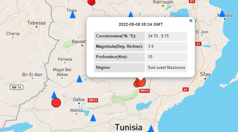 8 Sep 2022: Erdbeben nahe Mazouna im Gouvernorat Sidi Bouzid [M3.9]